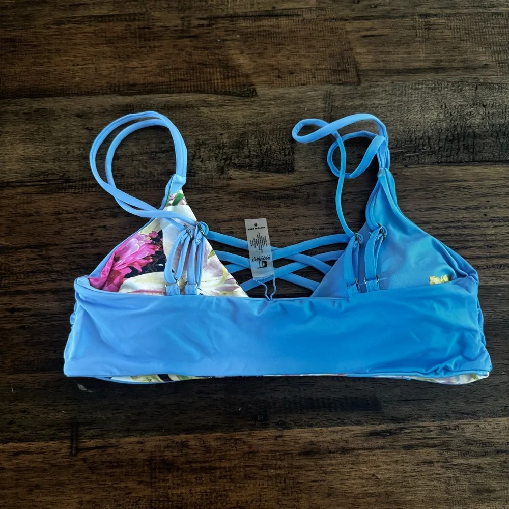 EUC TiniBikini Blue Floral Lace-Up‎ Bikini Top Size Small
